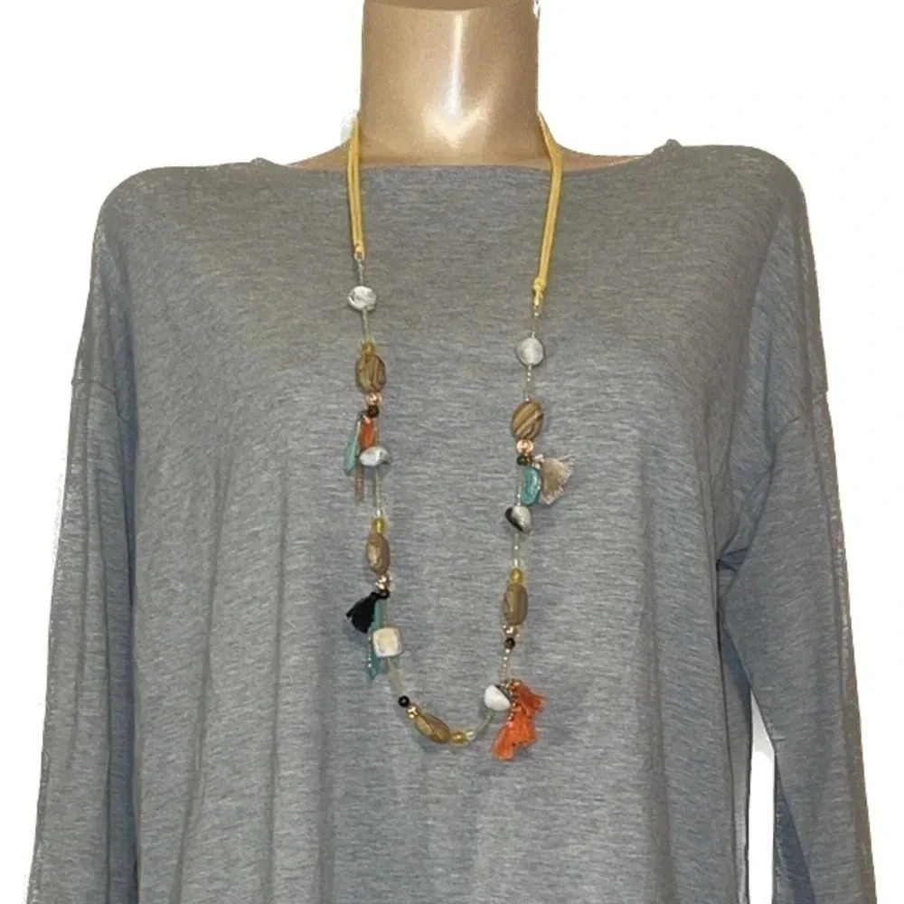 Women’s necklace Boho bouquet long charm chord stone feather handmade yellow tan